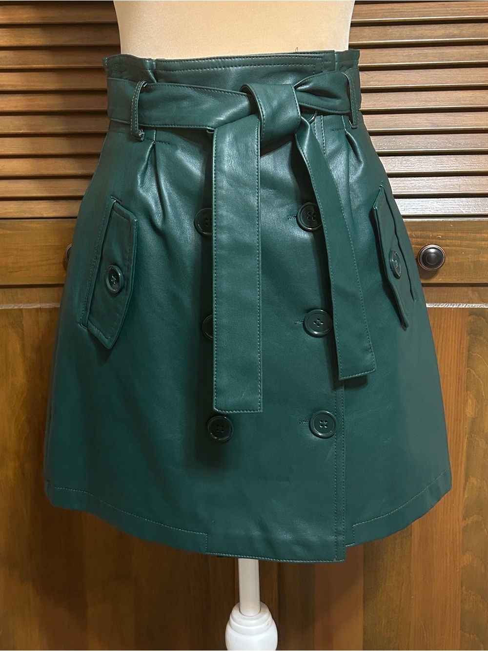 Dark Green Faux Leather Button Front Belted Skirt Forever 21 Size S